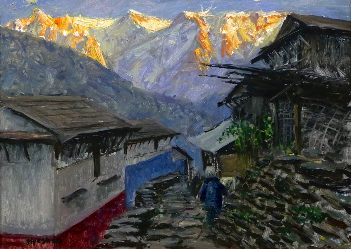 Tangting village,sunrise on Annapurna II and Lamjung Kailas Himalayas